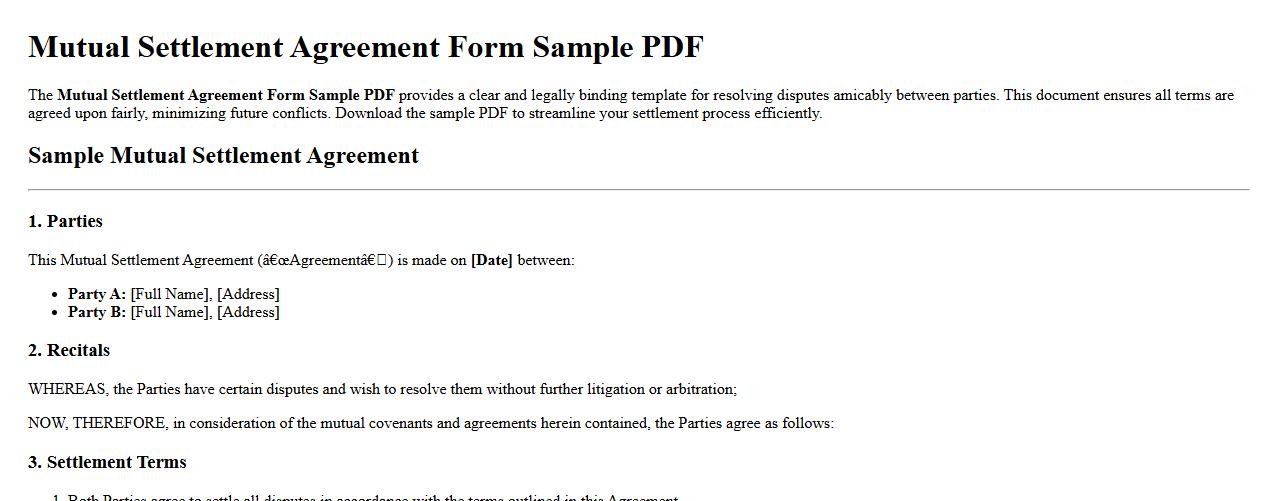 Mutual Settlement Agreement Form Sample PDF image preview