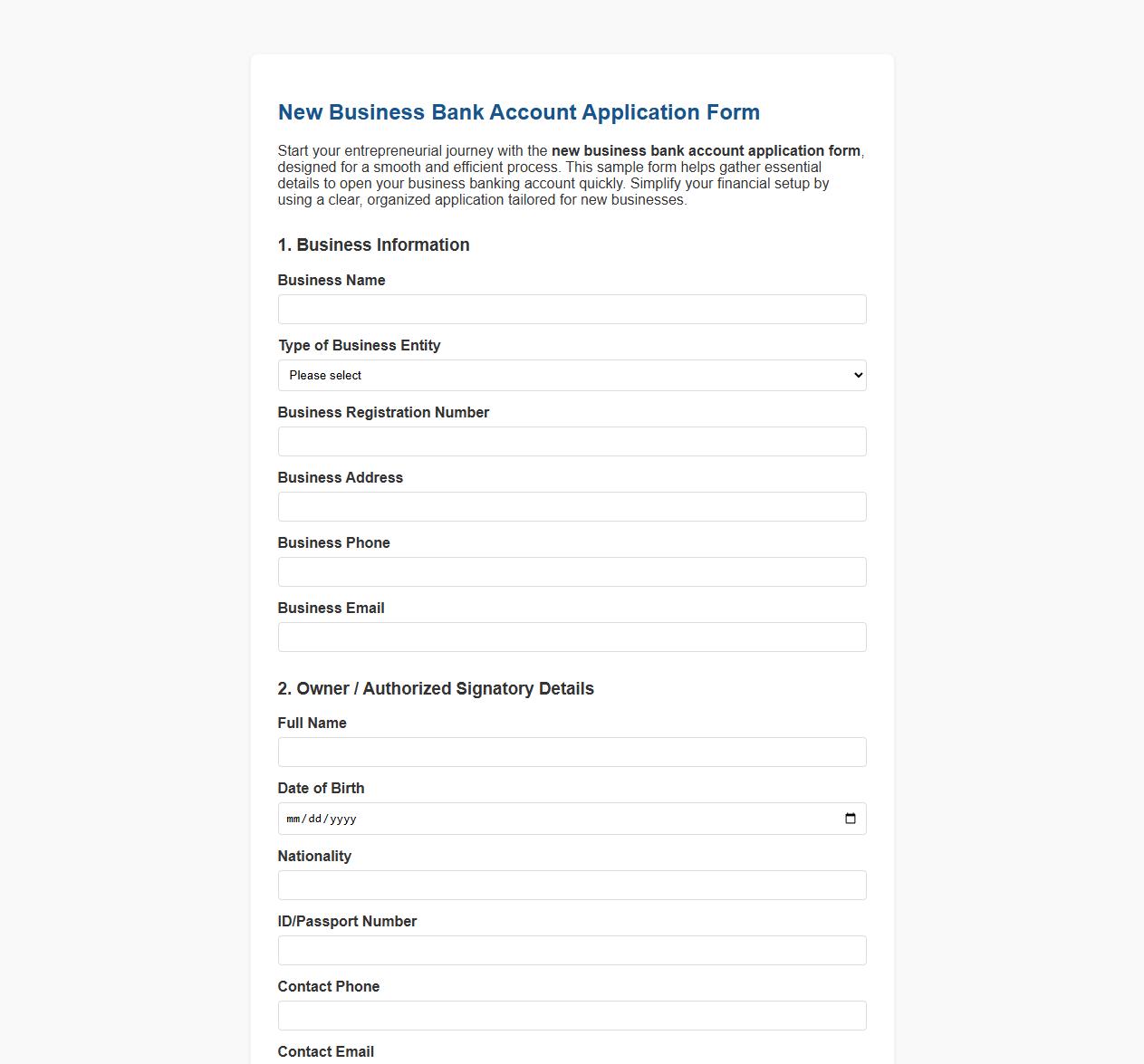 new business bank account application form sample image preview