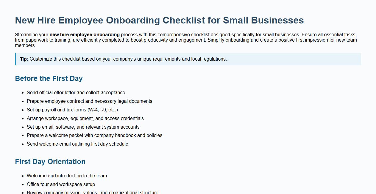 New hire employee onboarding checklist for small businesses image preview