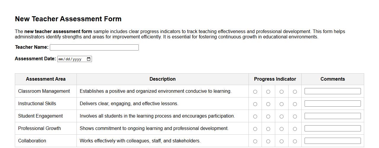 new teacher assessment form sample with progress indicators image preview