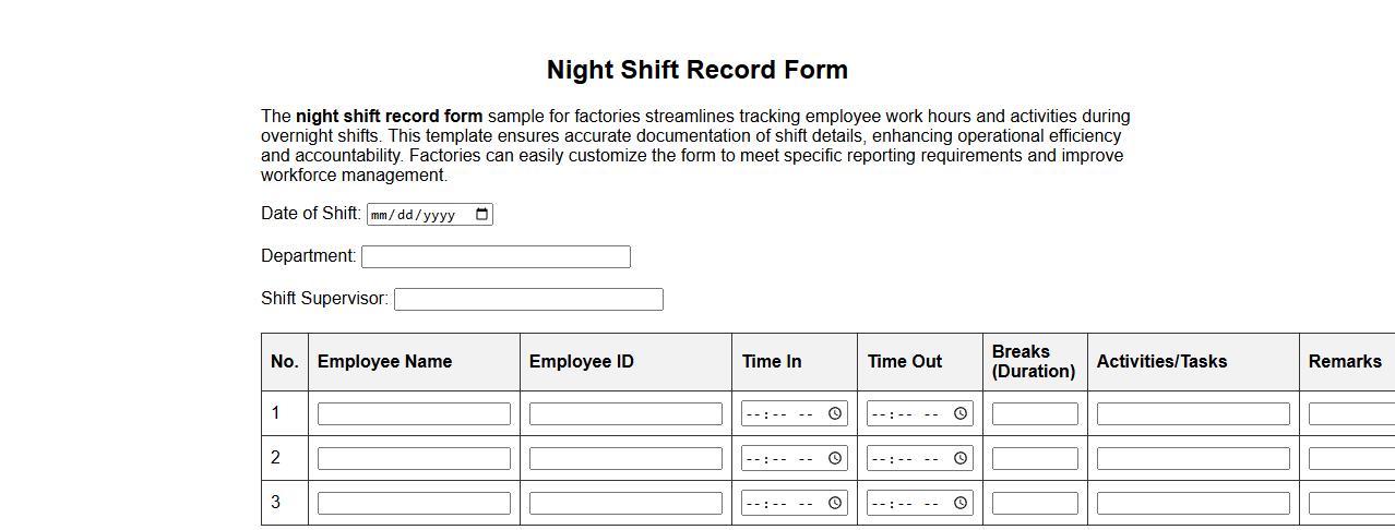 night shift record form sample for factories image preview