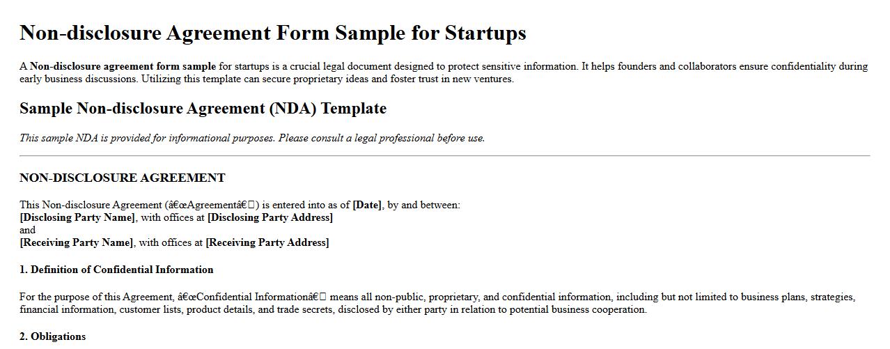 Non-disclosure agreement form sample for startups image preview