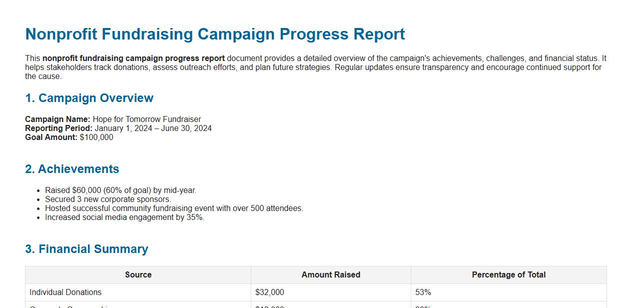nonprofit fundraising campaign progress report doc image preview