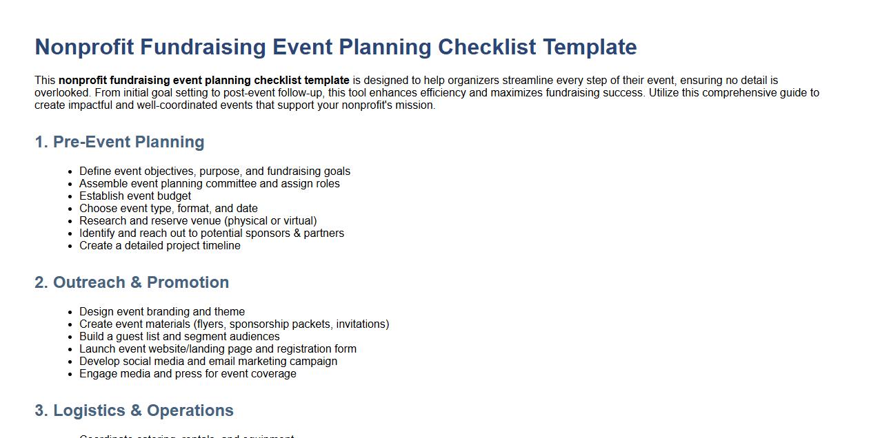 Nonprofit fundraising event planning checklist template image preview