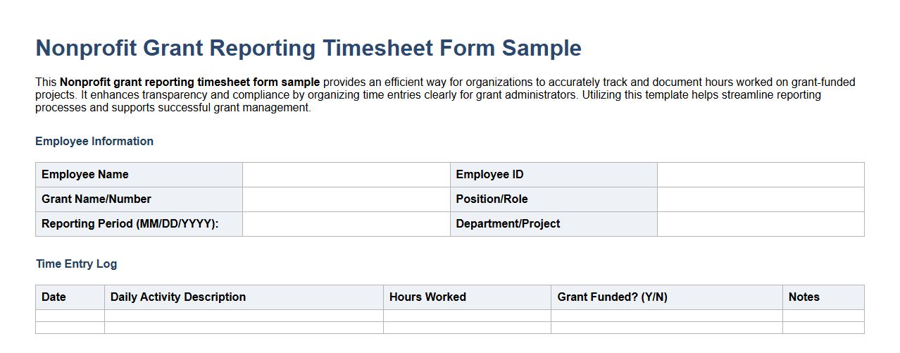 Nonprofit grant reporting timesheet form sample image preview