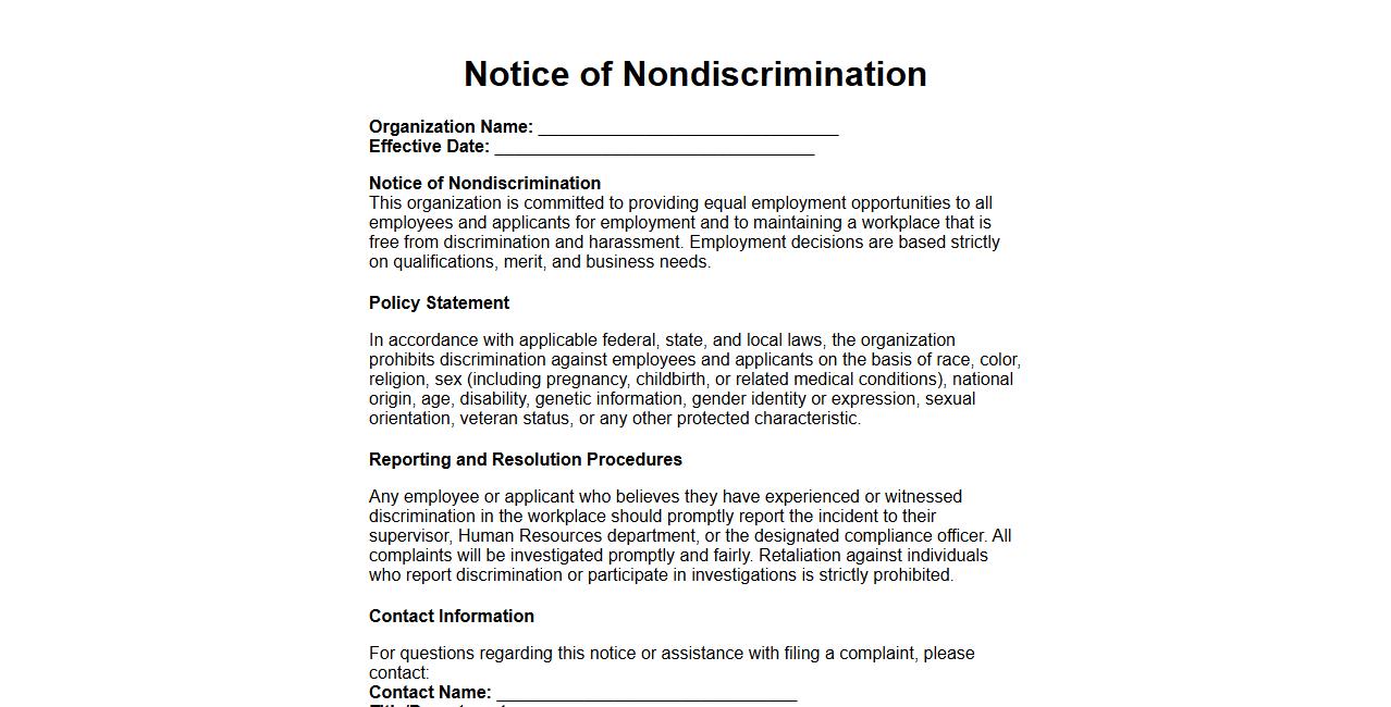 Notice of nondiscrimination form sample for employment practices image preview
