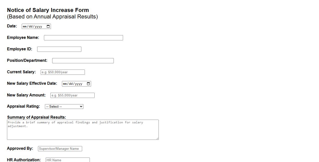 notice of salary increase form sample for annual appraisal results image preview