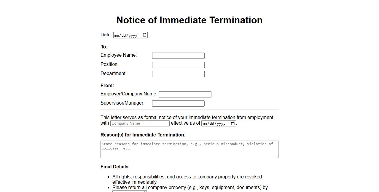 notice of termination form sample for immediate termination image preview