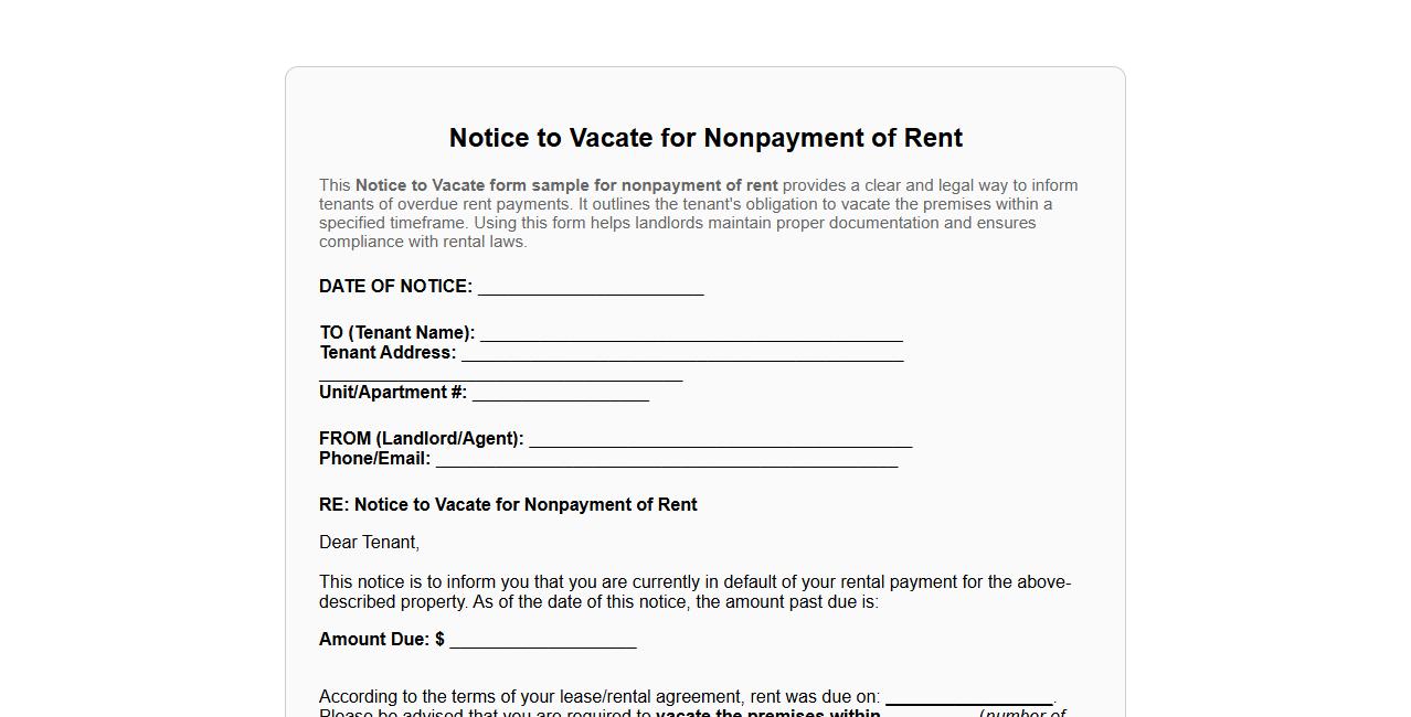 Notice to vacate form sample for nonpayment of rent image preview