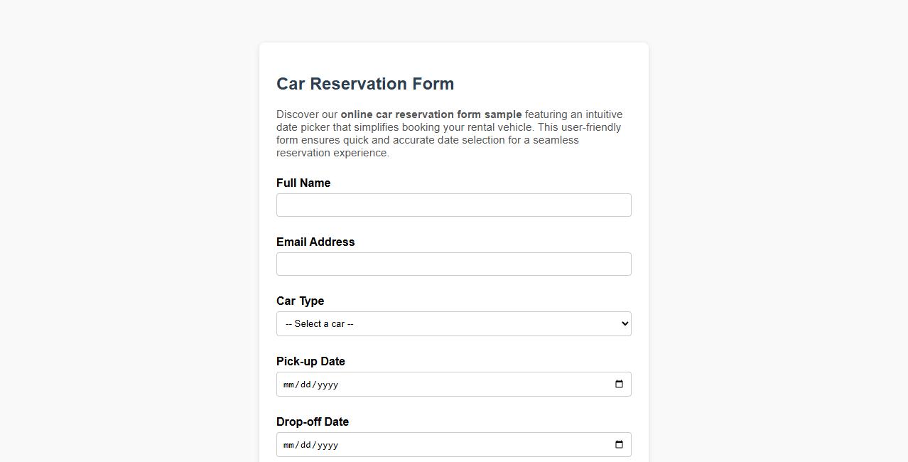 online car reservation form sample with date picker image preview