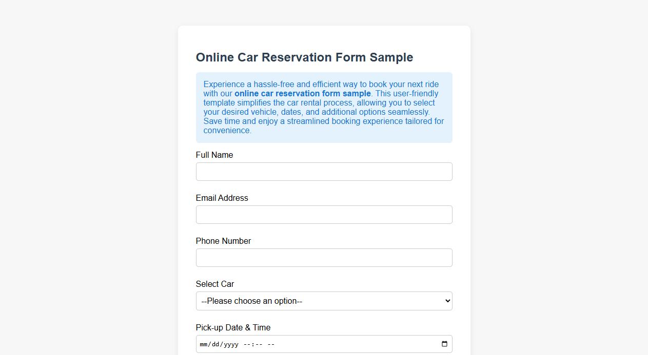online car reservation form sample image preview