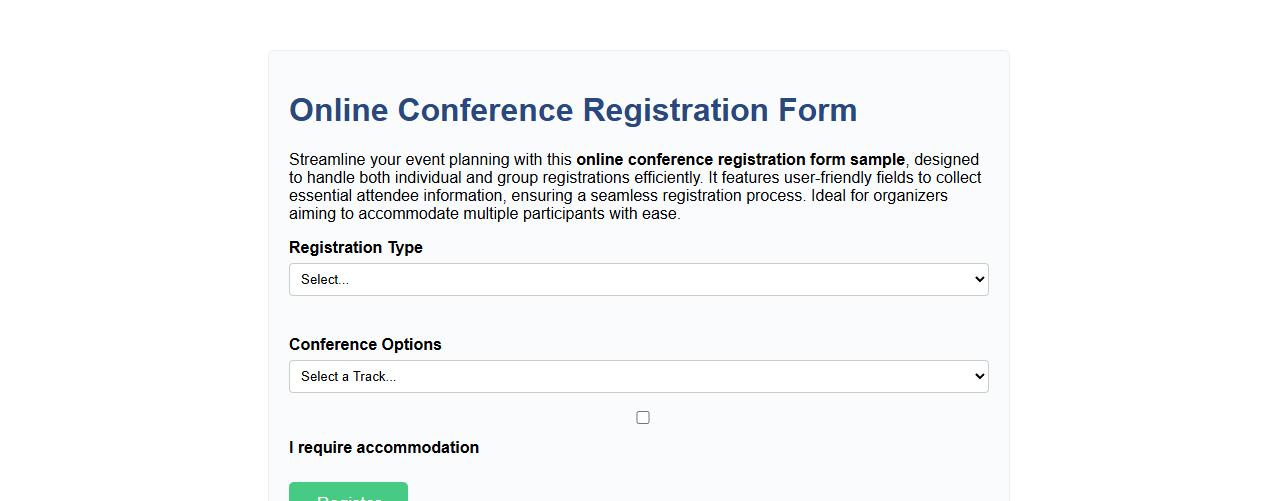Online conference registration form sample with group registration image preview