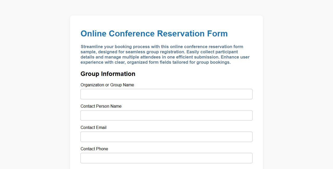 Online conference reservation form sample with group registration image preview