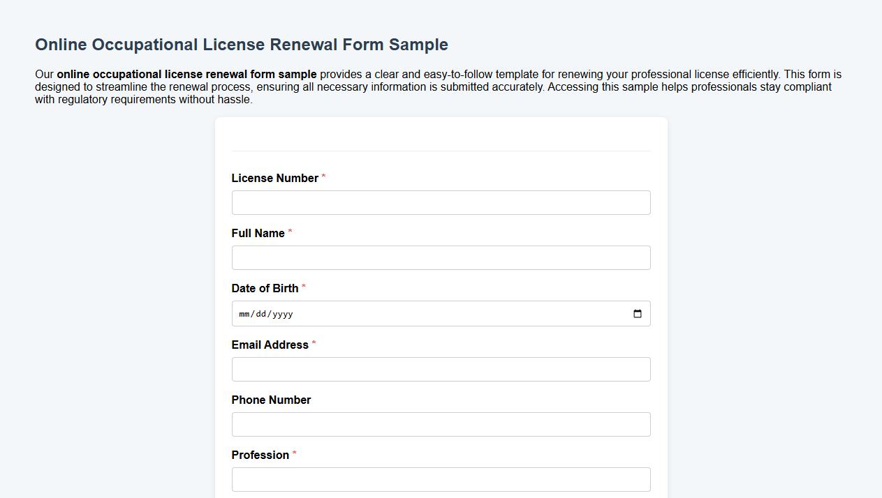 Online occupational license renewal form sample image preview