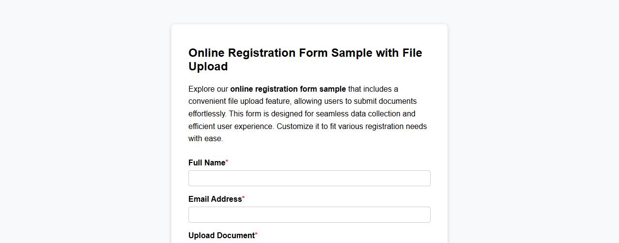 Online registration form sample with file upload image preview