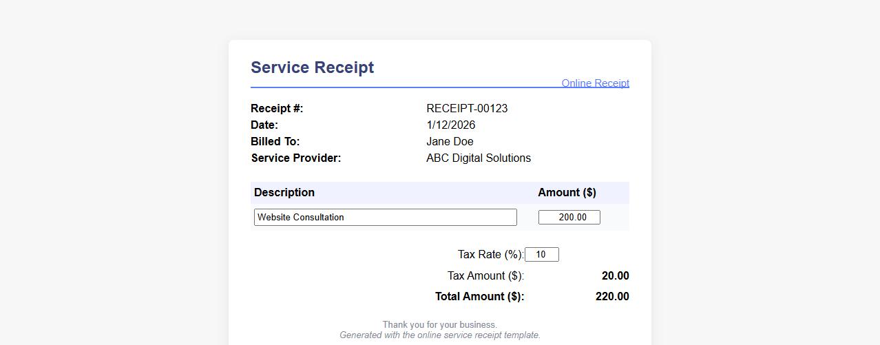 Online service receipt template with tax calculation image preview