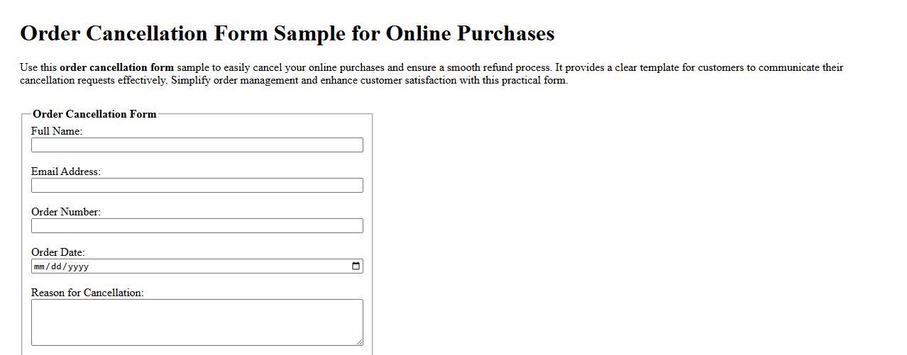 Order cancellation form sample for online purchases image preview
