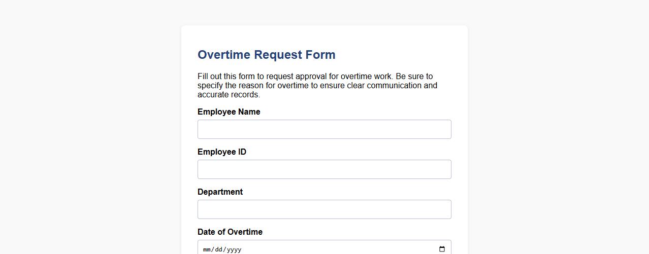 Overtime request form sample including reason for overtime image preview
