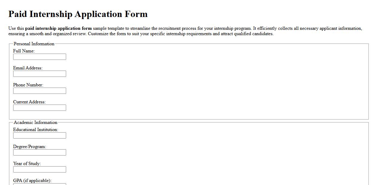 Paid internship application form sample template image preview