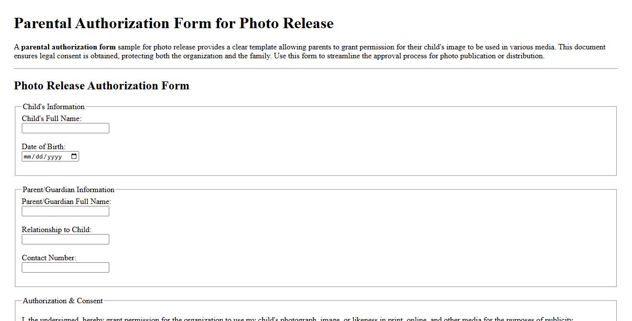 Parental authorization form sample for photo release image preview