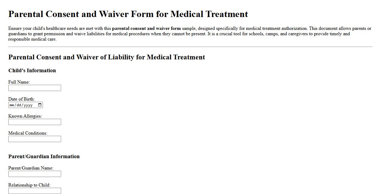 Parental consent and waiver form sample for medical treatment image preview