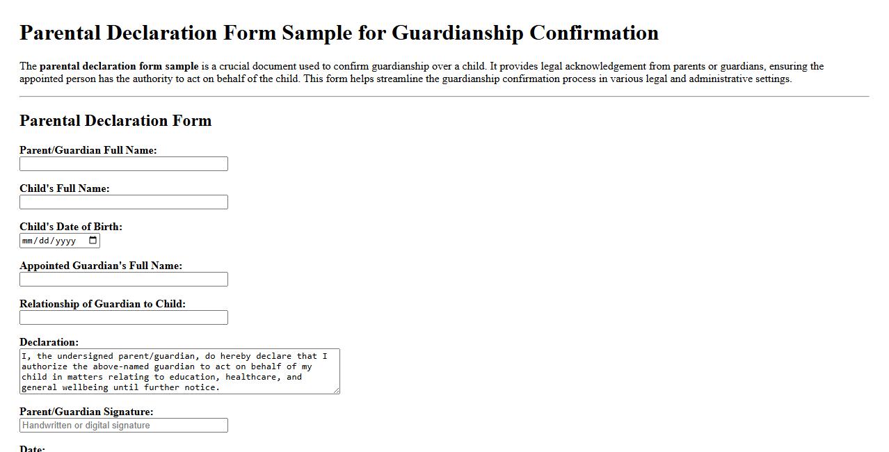 Parental declaration form sample for guardianship confirmation image preview
