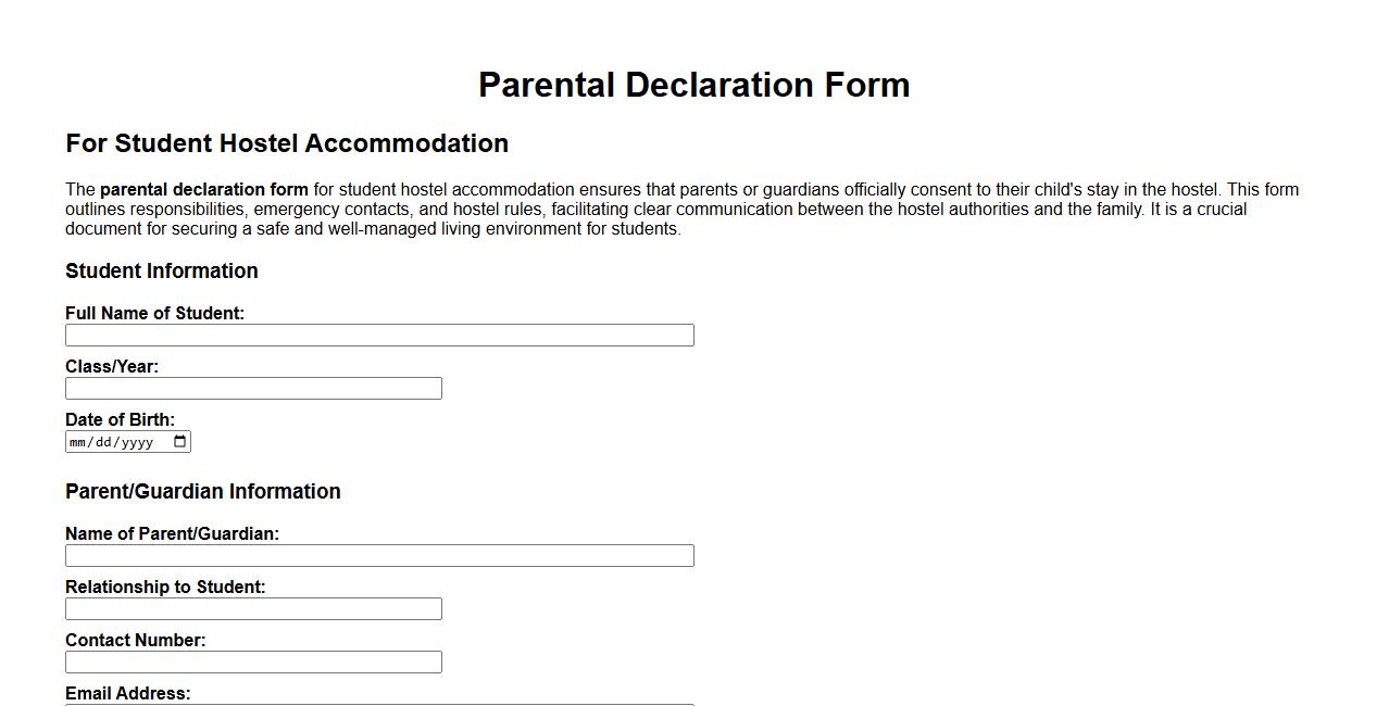 Parental declaration form sample for student hostel accommodation image preview