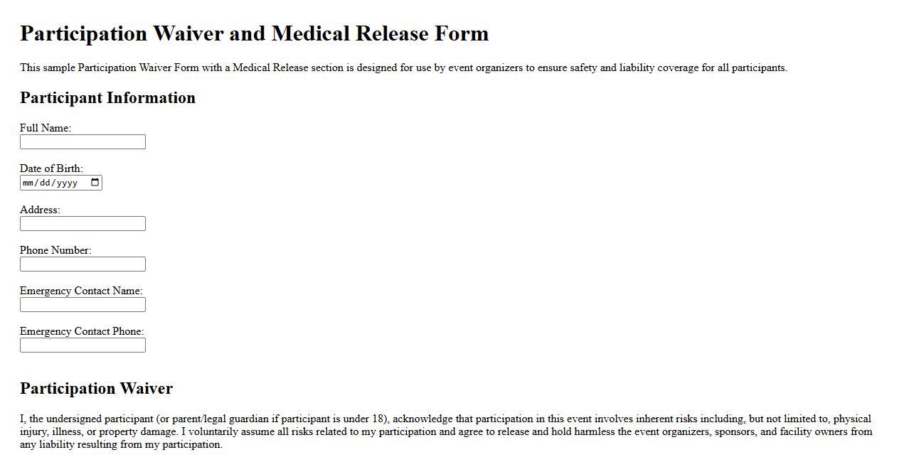 participation waiver form sample with medical release section image preview