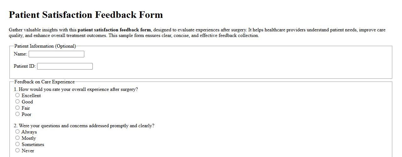 Patient satisfaction feedback form sample after surgery image preview