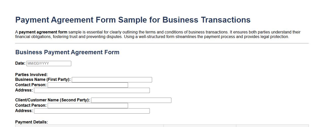 Payment agreement form sample for business transactions image preview
