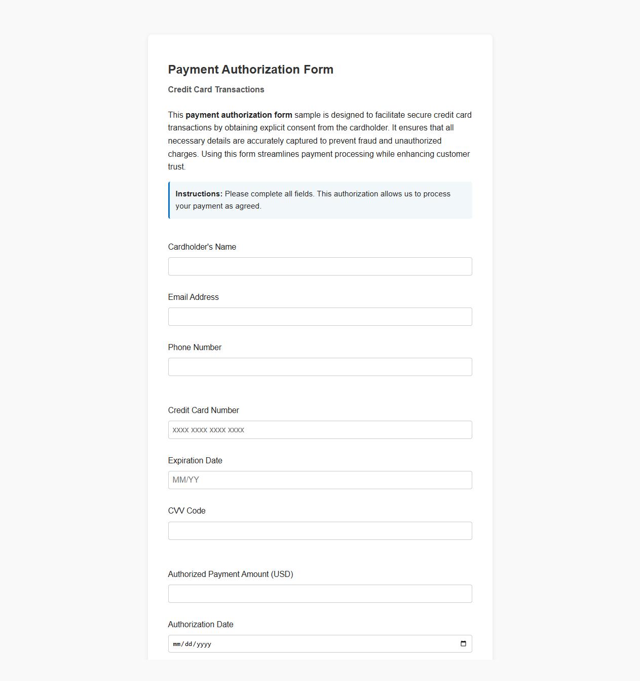 Payment authorization form sample for credit card transactions image preview