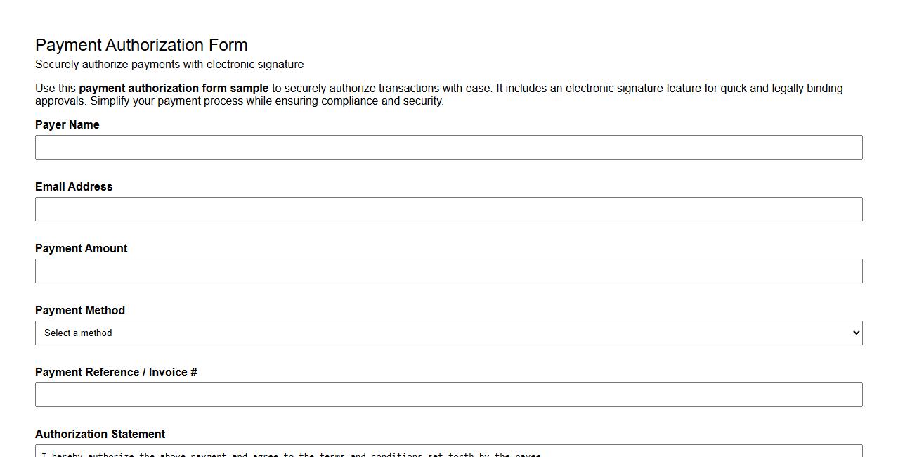 Payment authorization form sample with electronic signature image preview