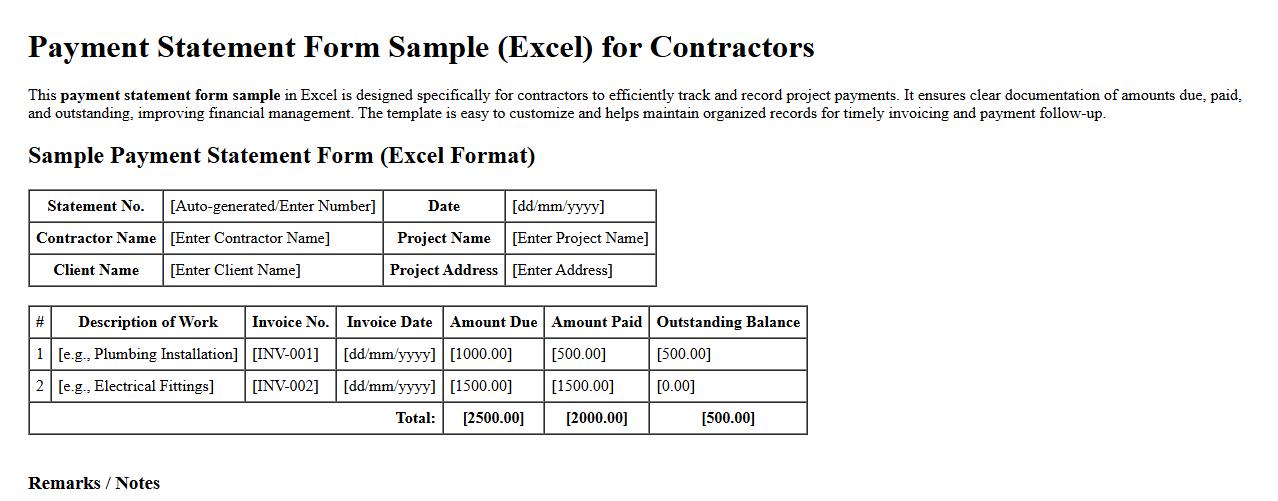 payment statement form sample excel for contractors image preview