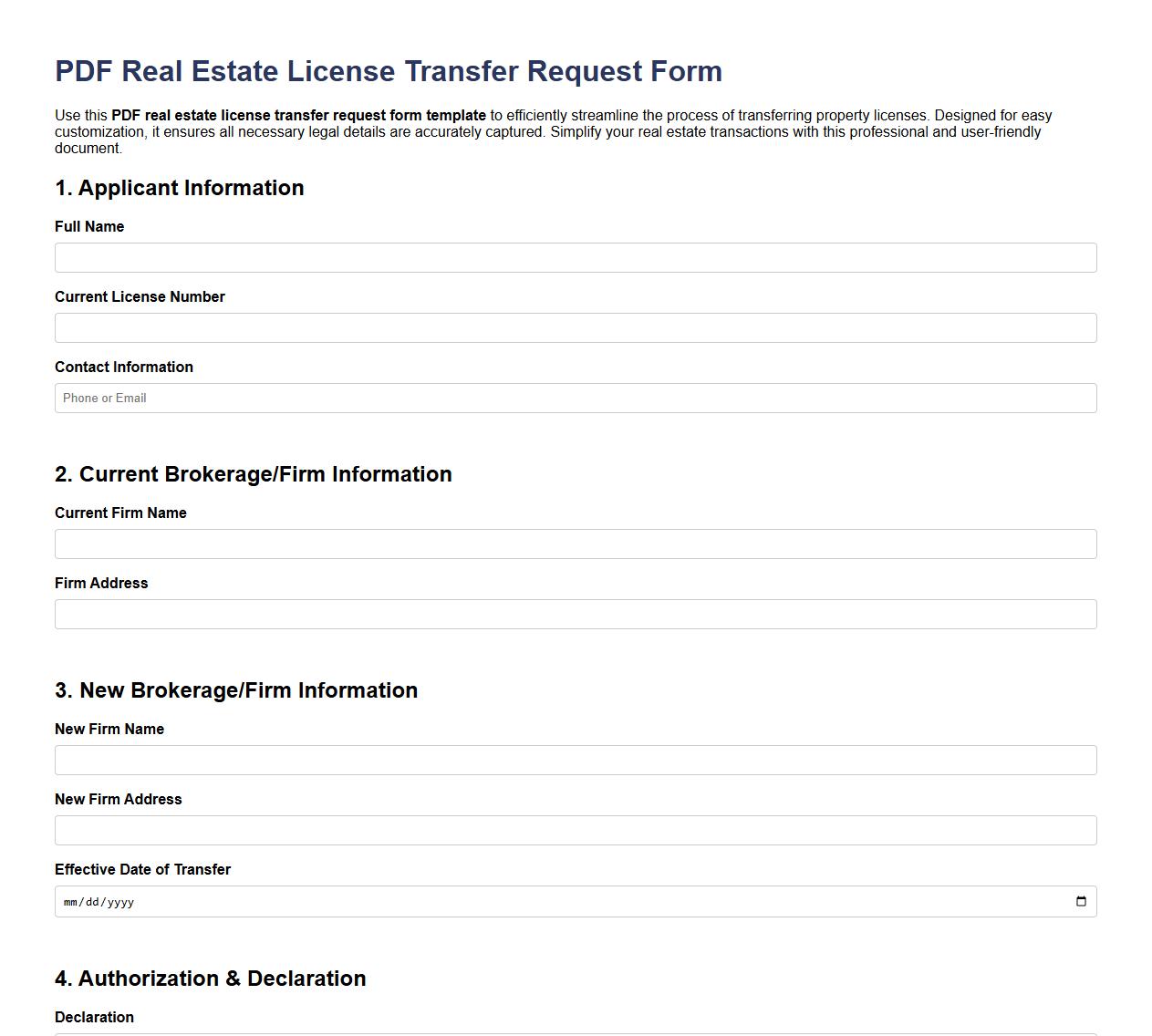 PDF real estate license transfer request form template image preview