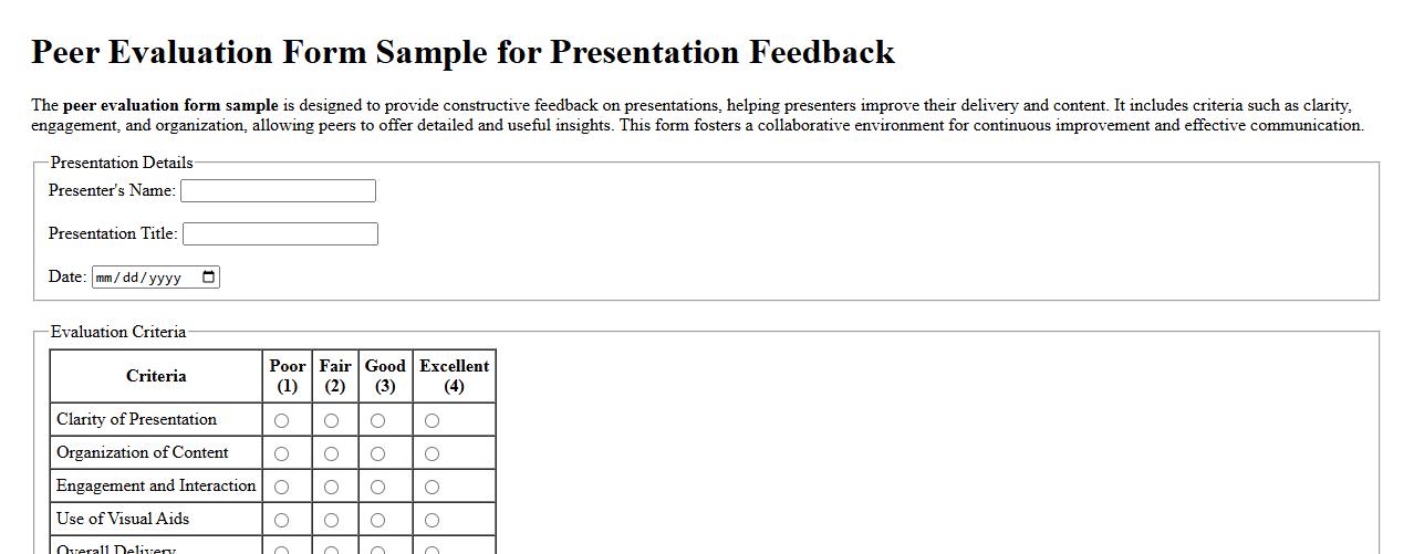 Peer evaluation form sample for presentation feedback image preview