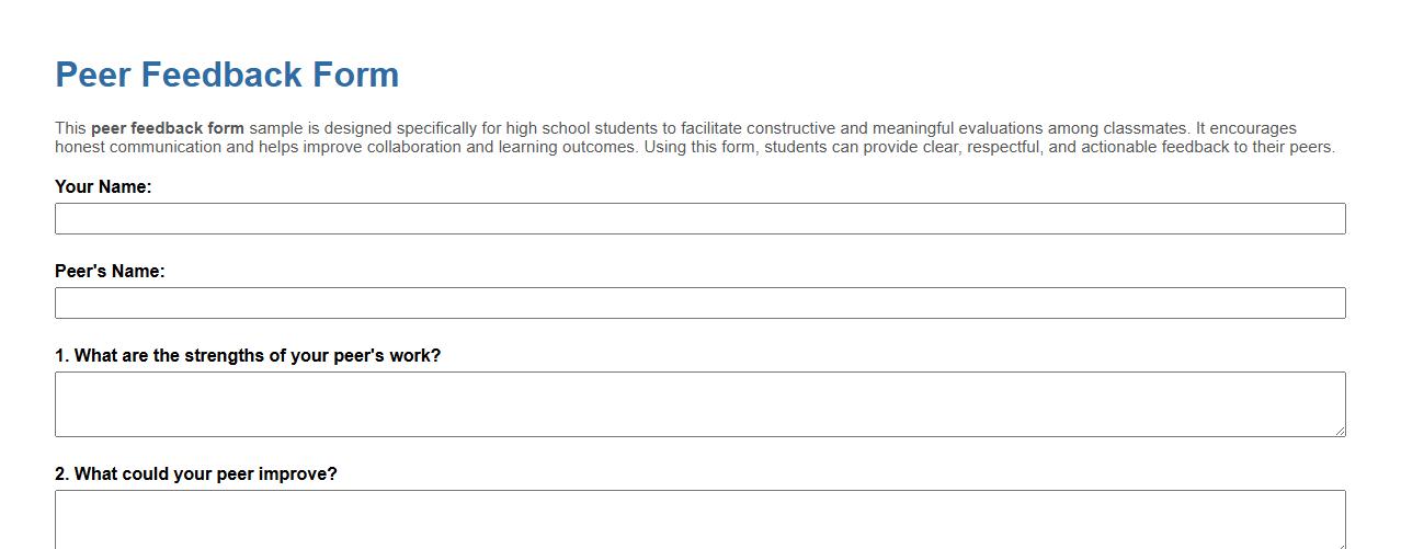 Peer feedback form sample for high school students image preview