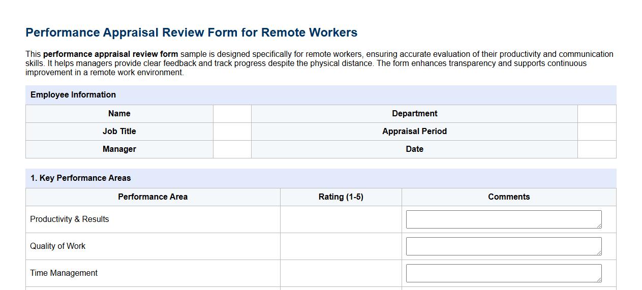Performance appraisal review form sample for remote workers image preview