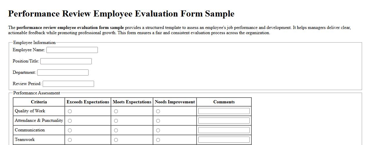 Performance review employee evaluation form sample image preview