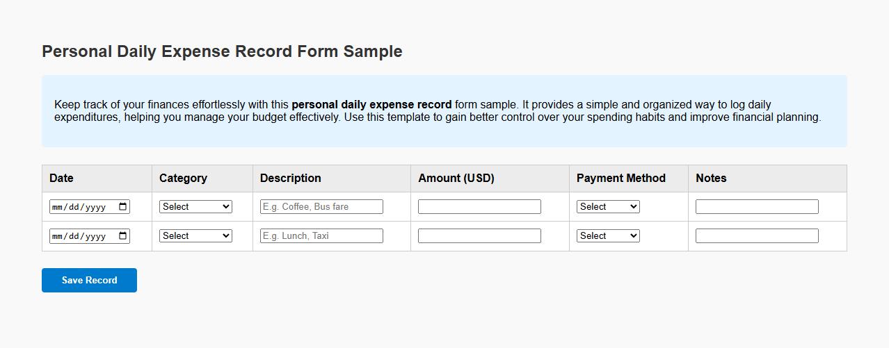Personal daily expense record form sample image preview