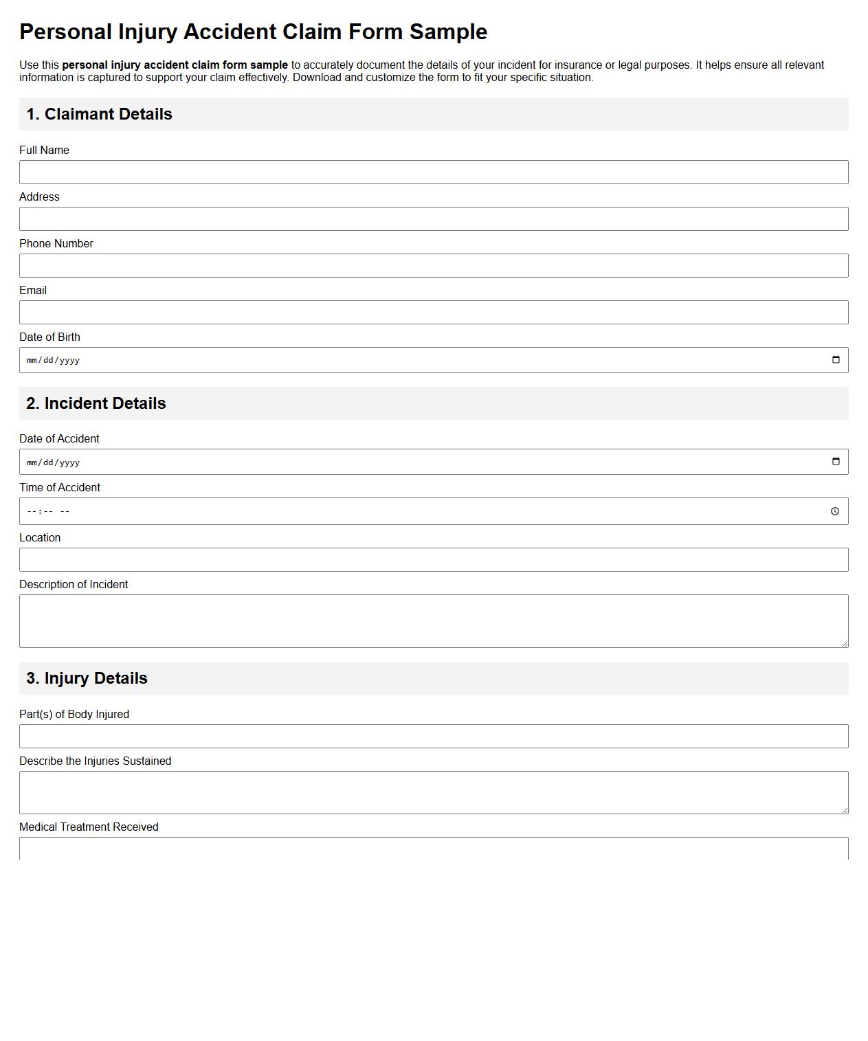 Personal injury accident claim form sample image preview
