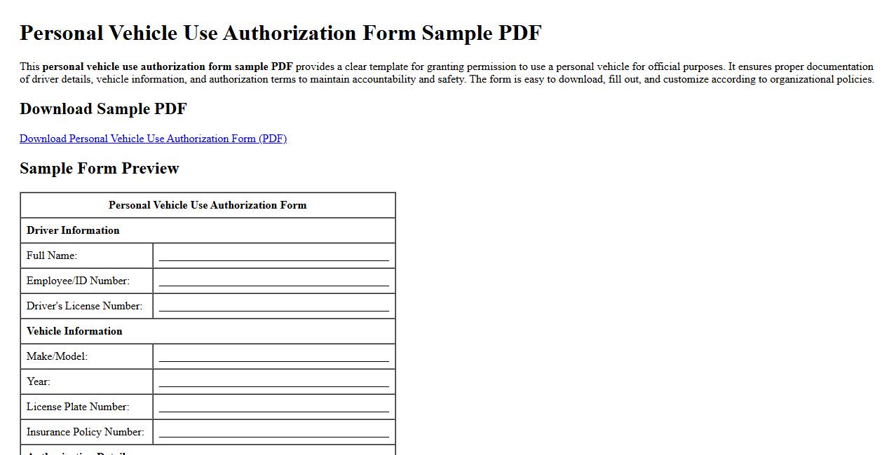 personal vehicle use authorization form sample pdf image preview