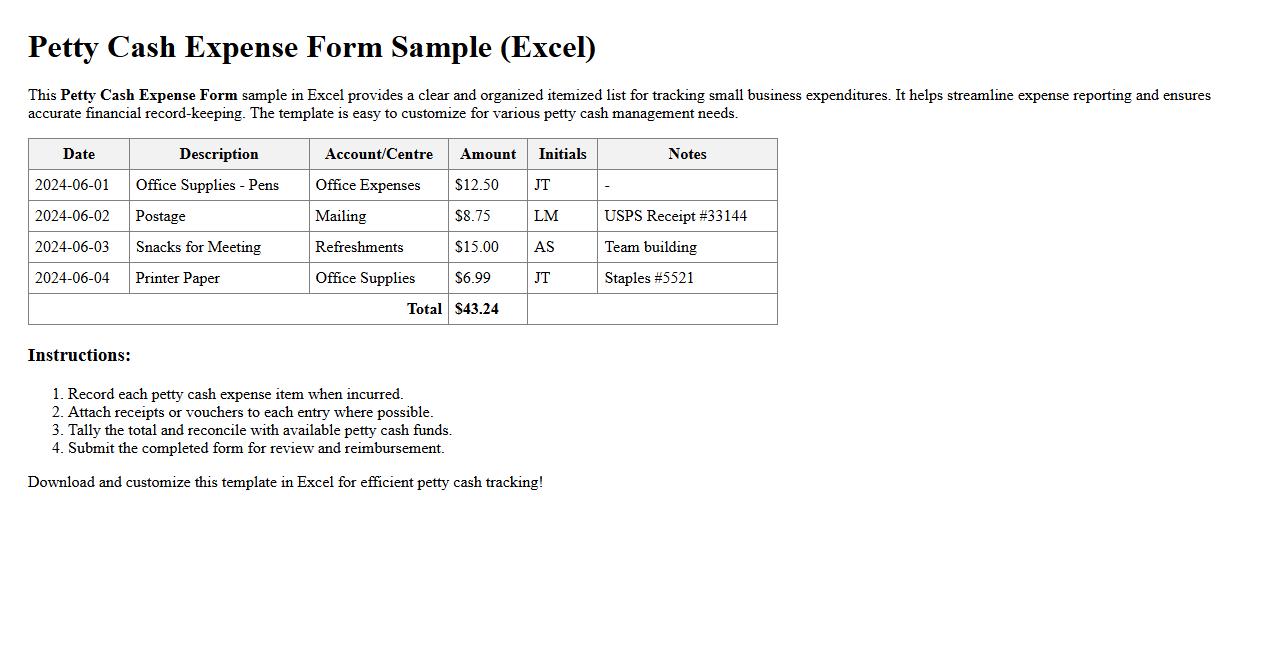 Petty cash expense form sample Excel with itemized list image preview