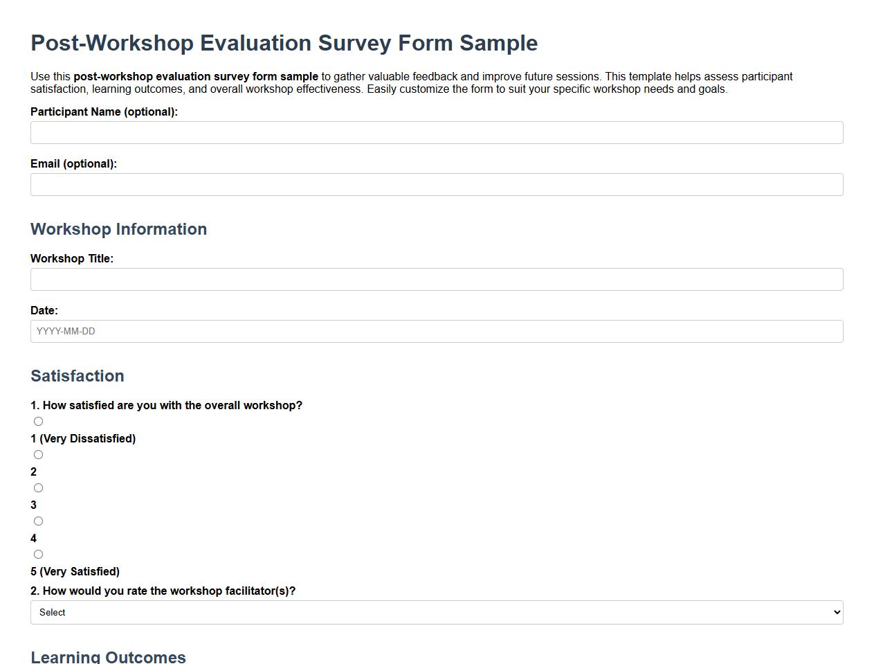 post-workshop evaluation survey form sample image preview