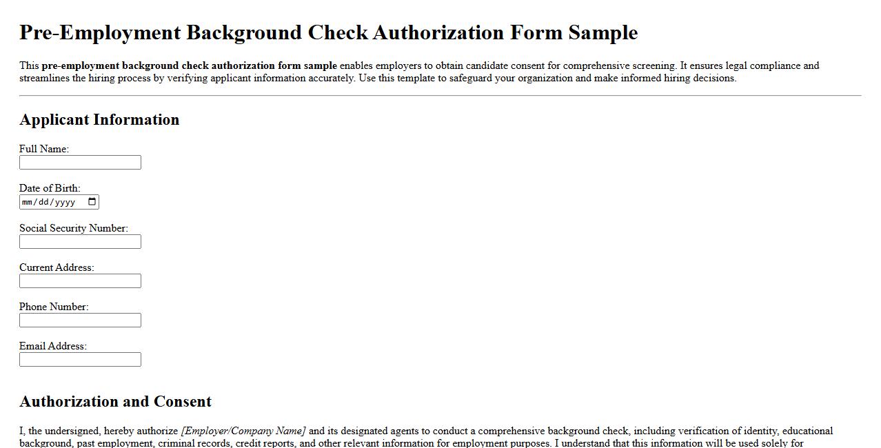 Pre-employment background check authorization form sample image preview