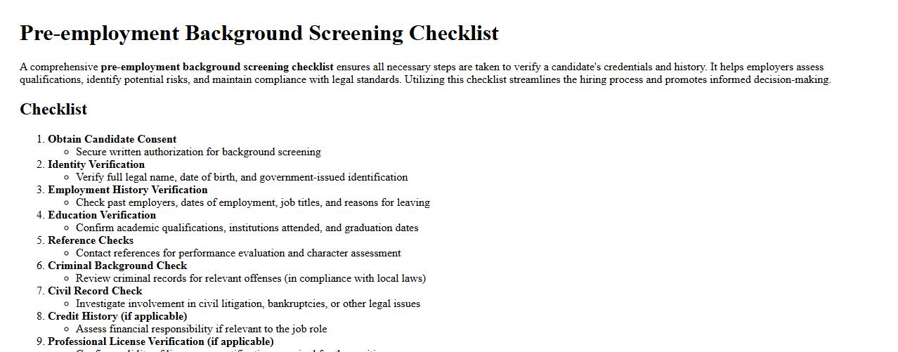 Pre-employment background screening checklist image preview