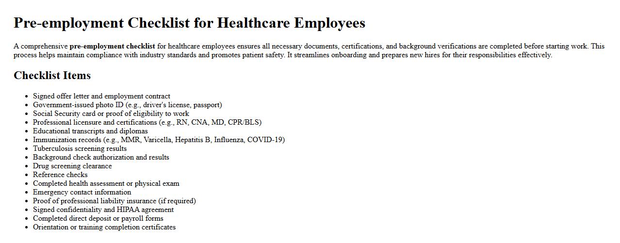Pre-employment checklist for healthcare employees image preview