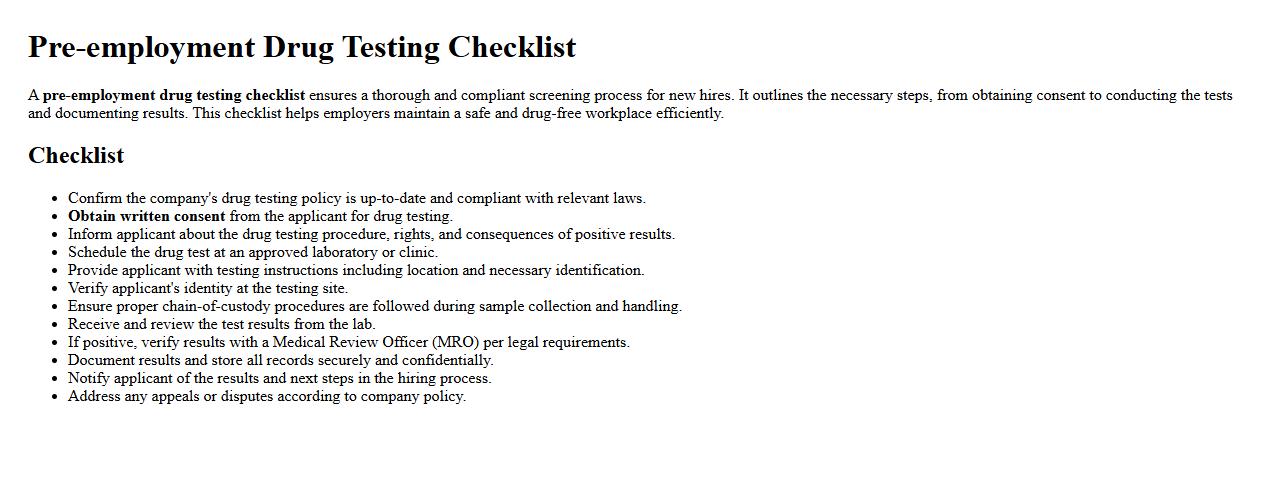 Pre-employment drug testing checklist image preview