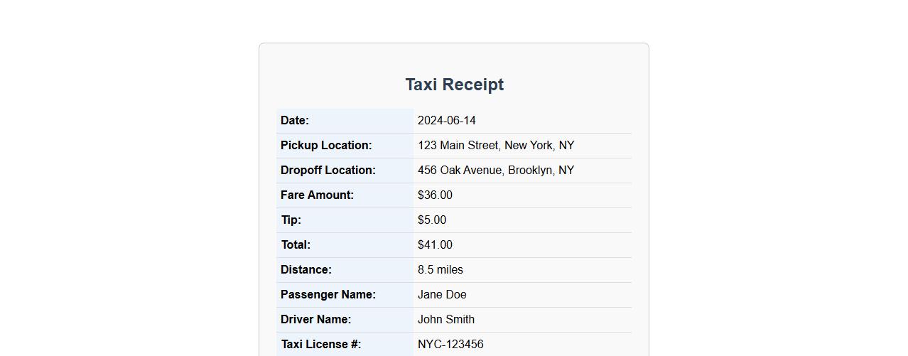 Pre-filled taxi receipt form sample with trip details image preview