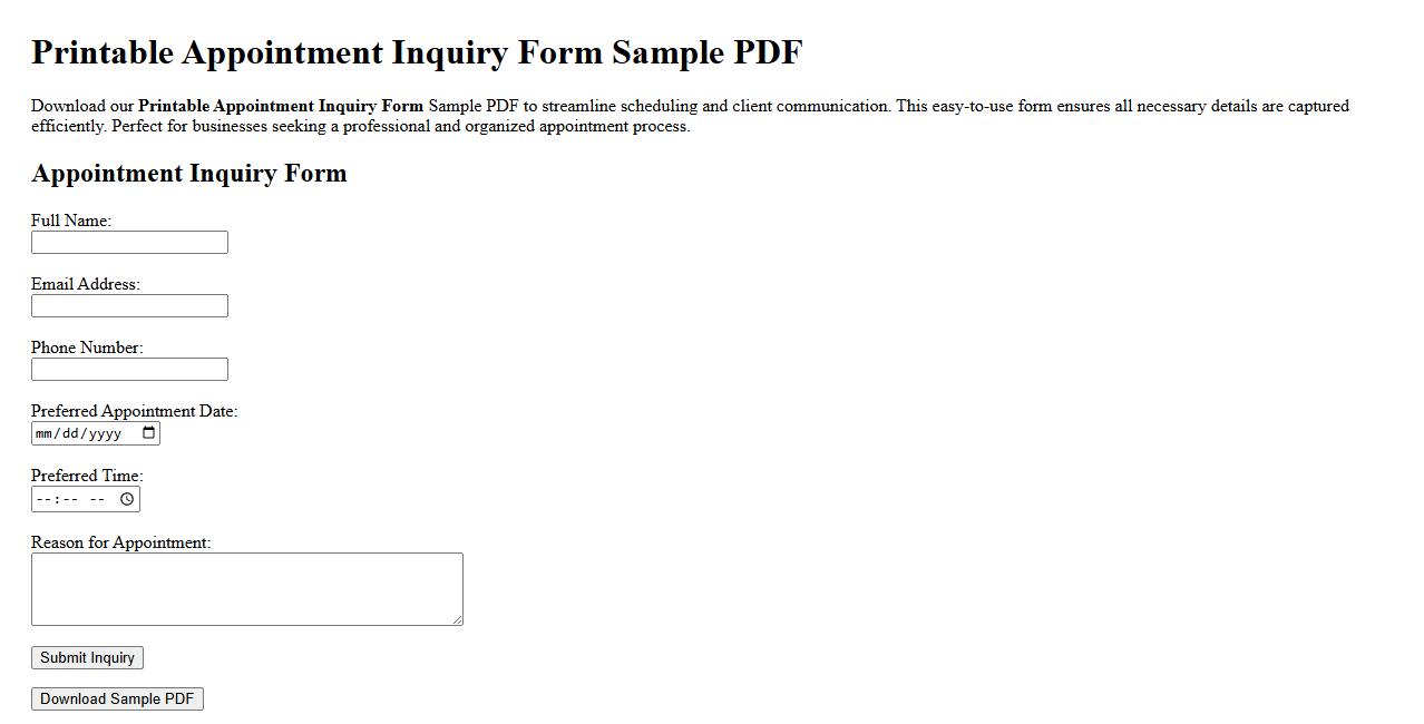 Printable Appointment Inquiry Form Sample PDF image preview