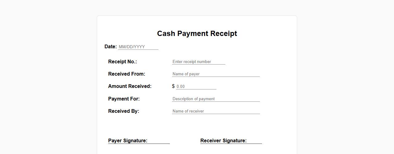 Printable cash payment receipt template form sample image preview